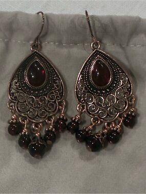 Vintage-Style Copper Teardrop Earrings with Garnet Red Beads